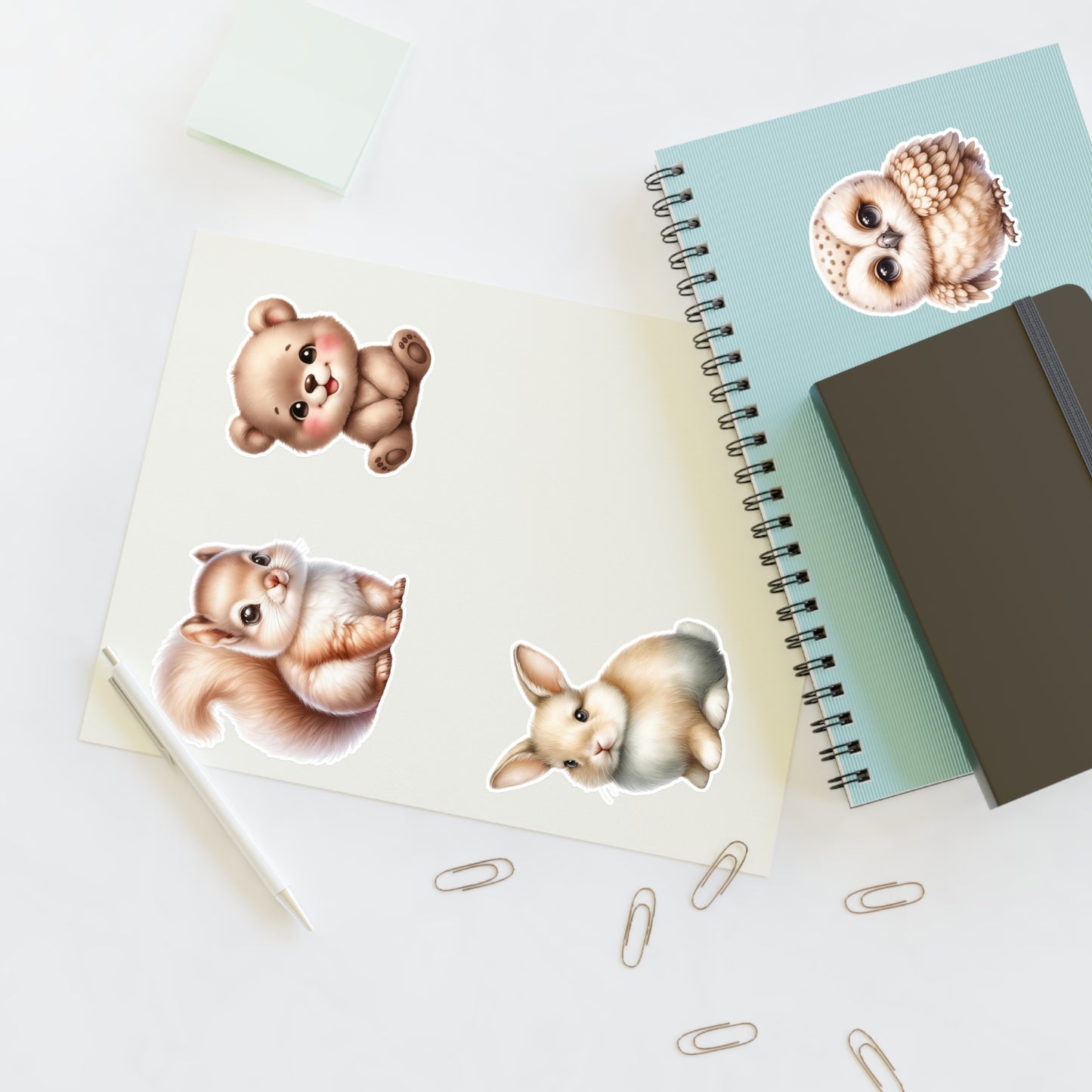 Woodland Animal Sticker Sheet Set 1— Charlie the Bear, Willie the Owl, Sophia the Squirrel & Luna the Bunny Decals