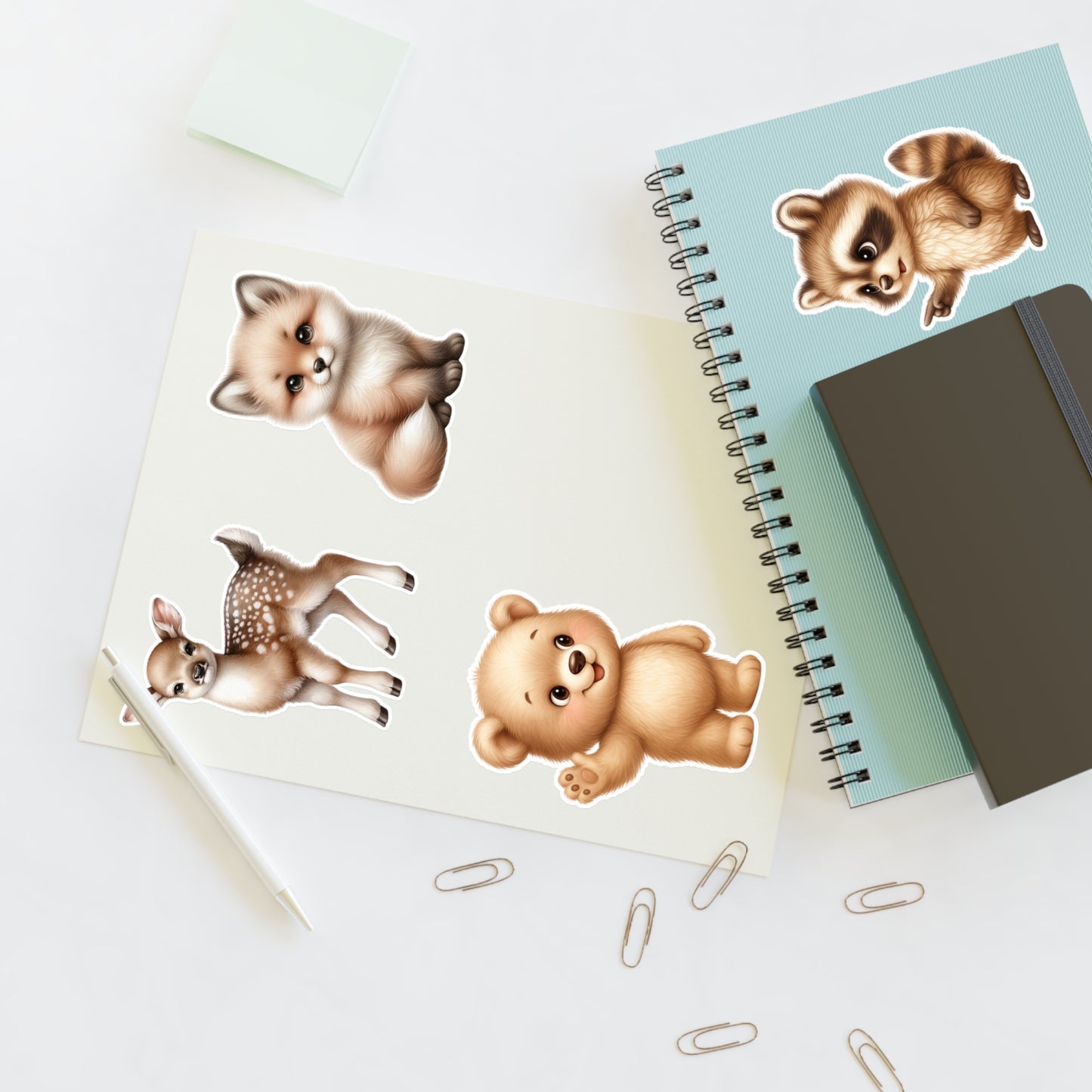 Woodland Baby Animal Sticker Sheet Set 2—Archie the Cute Fox, Davey the Raccoon, Honey the Deer & Charlie the Bear Decals
