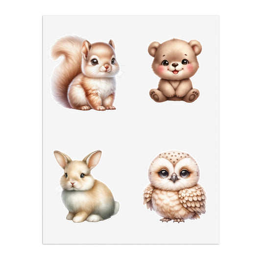 Woodland Animal Sticker Sheet Set 1— Charlie the Bear, Willie the Owl, Sophia the Squirrel & Luna the Bunny Decals