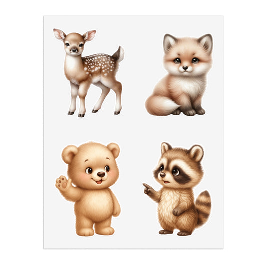 Woodland Baby Animal Sticker Sheet Set 2—Archie the Cute Fox, Davey the Raccoon, Honey the Deer & Charlie the Bear Decals